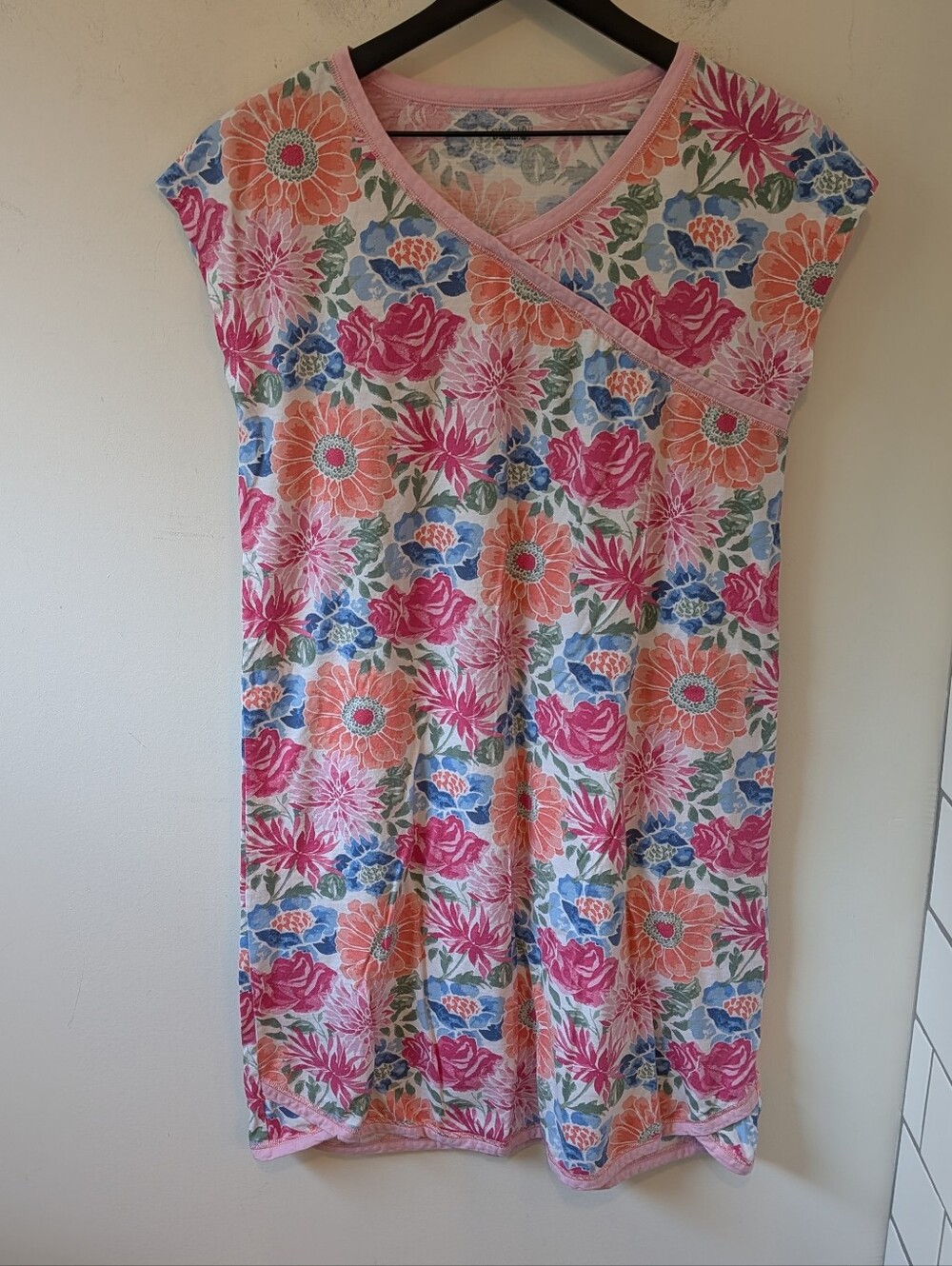 Garnet Hill Women's Floral Asian Wrap Cotton Nightgown Medium